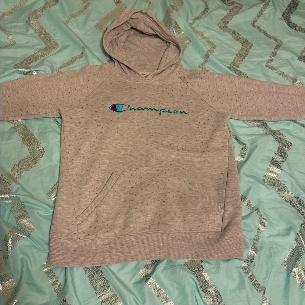 Champion Light Gray Pullover Hoodie with shiny multicolor polka dots- Girls XL